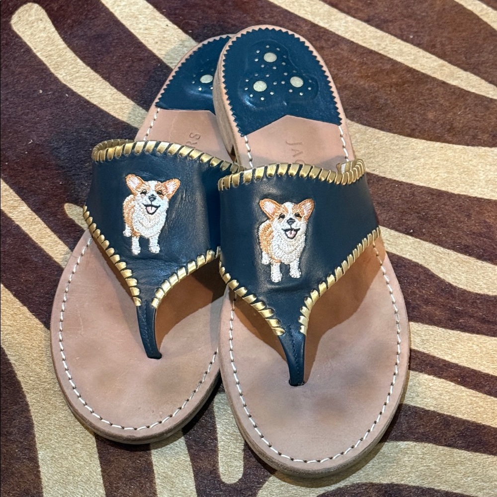 Jack Rogers Navy Leather Corgi Embroidered Dog Sandals